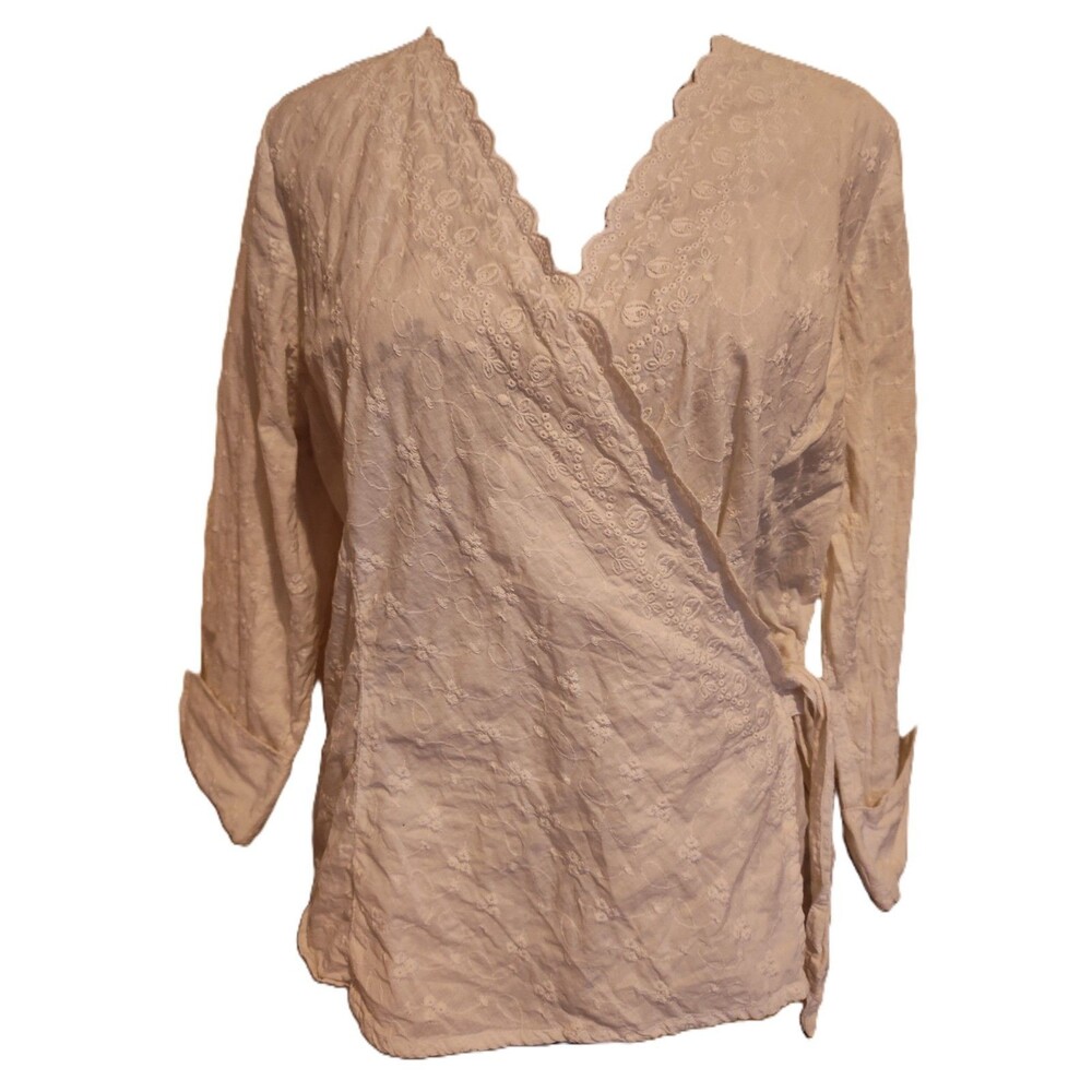 Elegant Embroidered 100% Cotton Scalloped Edge Wrap Blouse Size S Dress Barn